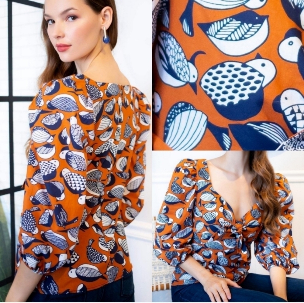Eva Franco Tropical Sweetheart Blouse in Orange Bird Print, Sz 8